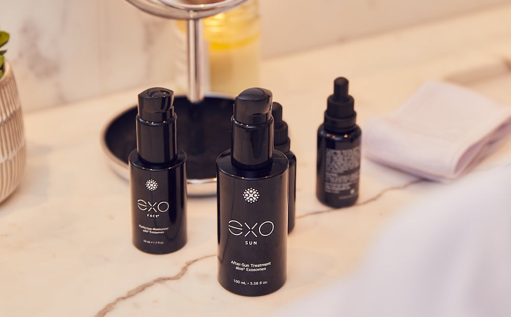 Where message meets ritual: Exoceuticals® EXO products in quiet bathroom light — a lived-in glimpse into the science-backed simplicity behind good skin, featured in Beauty News NYC.