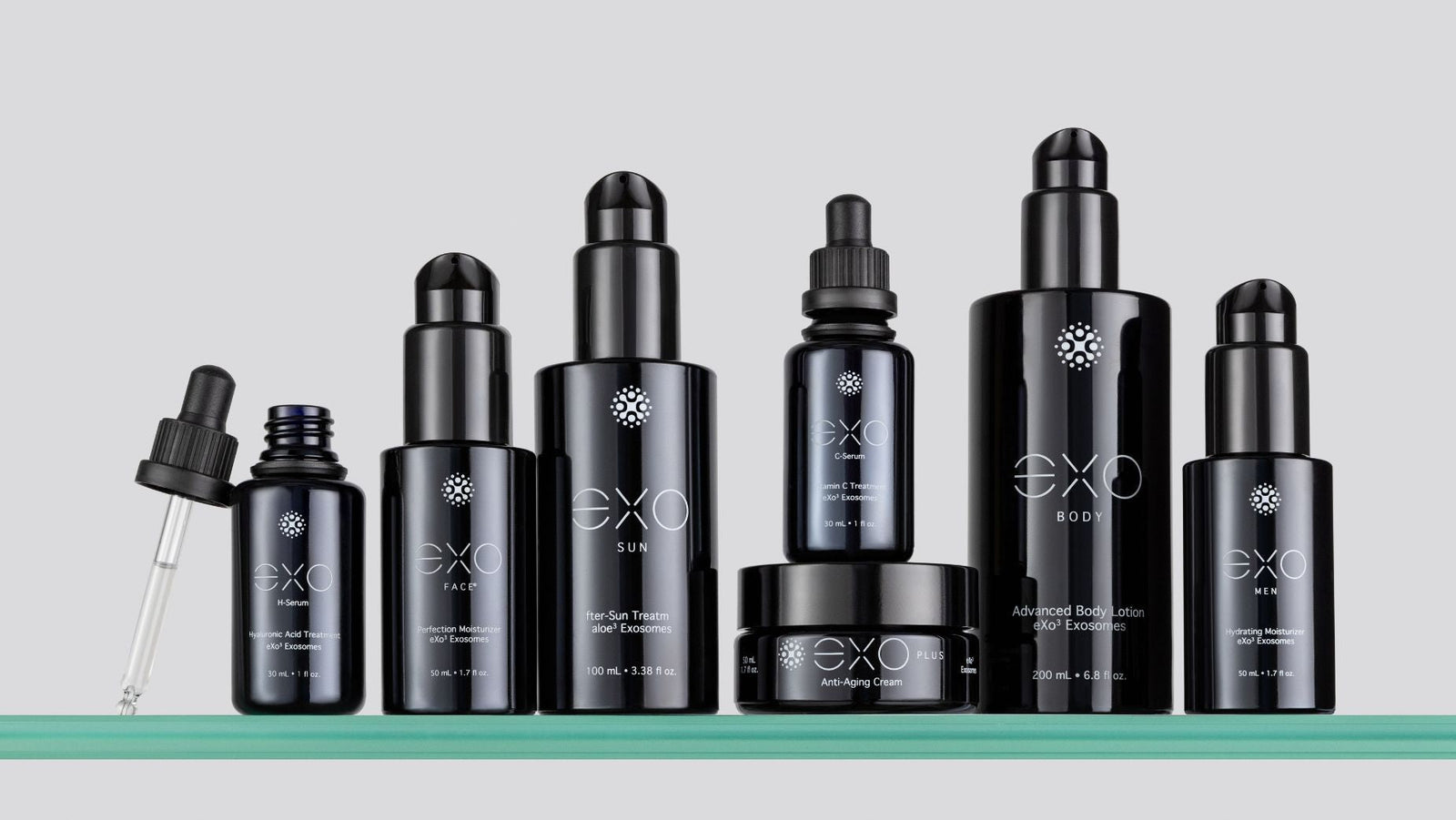 Exoceuticals® product range displayed with minimalist elegance — reflecting its science-led identity and commitment to effective skincare without hype.