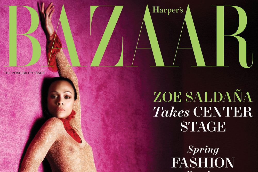 Zoe Saldaña on the cover of Harper’s Bazaar’s Spring Fashion issue — featured in Exoceuticals® editorial recognition across luxury publications.