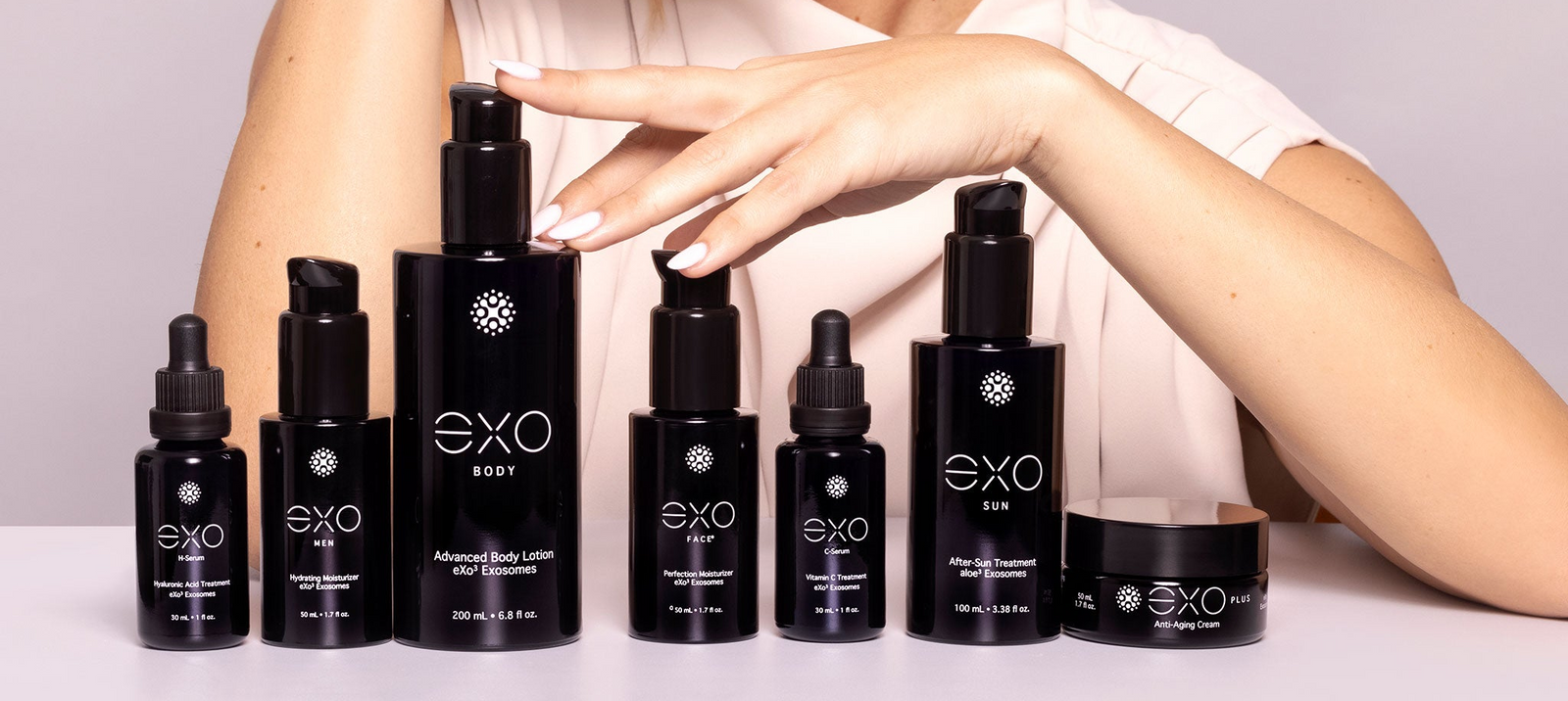 The Exoceuticals® EXO collection styled with Dr. Nicole Martin’s hands — reflecting her personal skincare philosophy and Real Housewives spotlight.